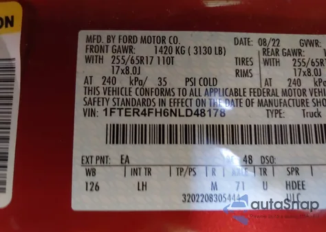 2022 Ford Ranger Xlt z USA, uszkodzony, nr VIN 1FTER4FH6NLD48178